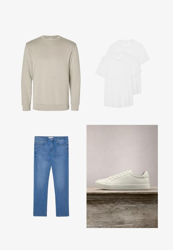 Beiger Sweatshirt mit langen Ärmeln und Rundhalsausschnitt, mit gerippten Bündchen und Saum, auf weißem Hintergrund dargestellt.; Zwei weiße Kurzarm-T-Shirts aus Baumwolle mit Rundhalsausschnitt, weichem Material und einem einfachen, schlichten Design.; Hellblaue Denim-Jeans mit geradem Bein, Fünf-Taschen-Design, subtilen Verwaschungen und metallischen Akzenten an der Taille und den Taschen.; Weiße Schnürsneaker, die über einer Holzbank mit grünem Laub im Hintergrund schweben und das Schuhdesign sowie die Textur zeigen.