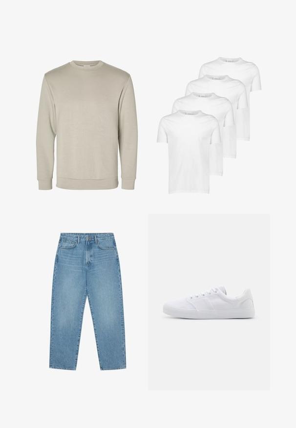 Beiger Sweatshirt mit langen Ärmeln und Rundhalsausschnitt, mit gerippten Bündchen und Saum, auf weißem Hintergrund dargestellt.; Weiße Baumwoll-T-Shirts, kurze Ärmel, runder Ausschnitt, glatte Textur, vier Stück gestapelt mit einheitlichem Design und ohne Muster oder Akzente.; Hellblaue Jeans aus Denim mit geradem Bein, Fünf-Taschen-Design und leicht verwaschener Textur. Mit Knopf- und Reißverschluss ausgestattet.; Weiße Leinenschuhe mit Gummisohle, ausgestattet mit sechs Ösen, einer strukturierten Zehenkappe und minimalistischer Gestaltung.