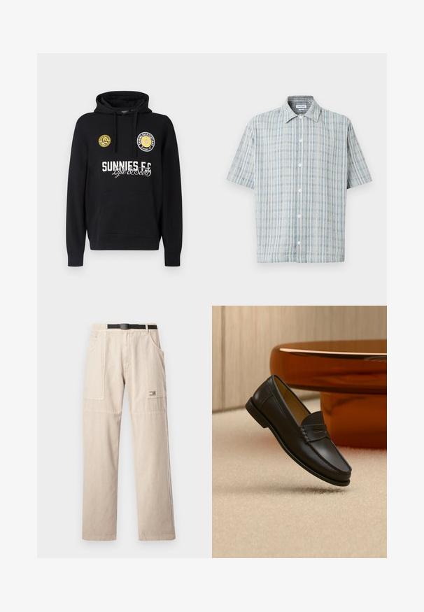 Čierna mikina s kapucňou s vreckom typu klokanka, okrúhlymi žltými nášivkami na hrudi a bielym textom s nápismi "SUNNIES FC" a "Lyle & Scott".; Košeľa s krátkym rukávom na gombíky s modro-bielym kockovaným vzorom, rozšíreným golierom a bielymi gombíkmi pozdĺž prednej časti.; Béžové cargo nohavice s rovnými nohavicami, vybavené pútkami na opasok, veľkými bočnými vreckami a malou značkovou nášivkou na ľavom stehne. Materiál bavlna.; Čierny kožený mokasín zavesený nad béžovým kobercom s moderným nábytkom farby jantáru v pozadí.