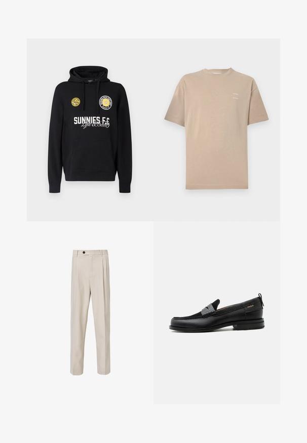 Sudadera negra con capucha y bolsillo tipo canguro, parches redondos amarillos en el pecho y texto blanco que muestra "SUNNIES FC" y "Lyle & Scott".; Camiseta de algodón beige con cuello redondo, mangas cortas y una sutil marca impresa en la parte superior izquierda del pecho. Textura suave, diseño minimalista.; Pantalones beige tailorizados con un diseño de pierna recta, que presentan pliegues en la parte frontal, un cierre de botón y una textura de tela lisa.; Mocasín de cuero negro con detalle de tira gris, tacón bajo y suela texturizada, con la marca "HUGO" en oro en el lateral.