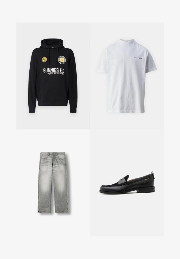 Čierna mikina s kapucňou s vreckom typu klokanka, okrúhlymi žltými nášivkami na hrudi a bielym textom s nápismi "SUNNIES FC" a "Lyle & Scott".; Biely bavlnený tričko s vysokým výstrihom a krátkymi rukávmi. Na prednej strane sa nachádza logo "SAMSØE SAMSØE" v čiernej farbe. Hladká textúra.; Sivé vyblednuté rovné džínsové nohavice s prednými vreckami, pútkami na opasok a zapínaním na gombík na bielom pozadí.; Čierny kožený mokasín so sivým remienkom, nízkym podpätkom a textúrovanou podrážkou, so značkou "HUGO" v zlatej farbe na boku.