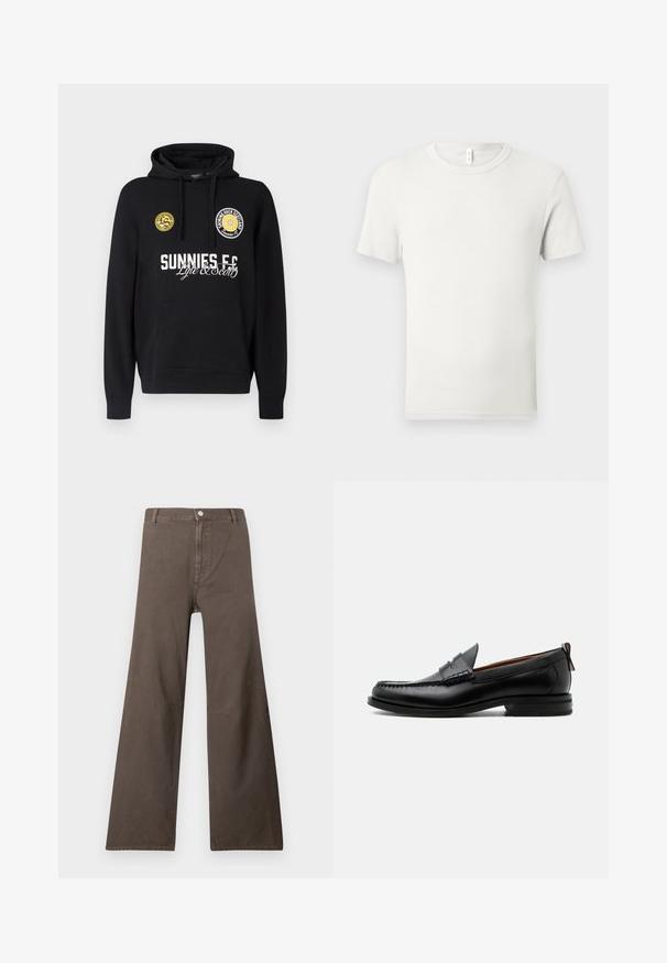 Čierna mikina s kapucňou s vreckom typu klokanka, okrúhlymi žltými nášivkami na hrudi a bielym textom s nápismi "SUNNIES FC" a "Lyle & Scott".; Jednoduché biele tričko s krátkym rukávom a okrúhlym výstrihom položené naplocho na svetlosivom pozadí s malou textilnou etikou na golieri.; Hnedé široké nohavice s vysokým pásom, zapínaním na gombík, pútka na opasok a viditeľnými švovými detailmi na nohách.; Čierny kožený pánsky mokasín s prešitím moc toe, penny remienkom, textúrovaným golierom a nízkym vrstveným podpätkom na bielom pozadí.