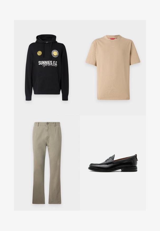 Sort hættetrøje med kængurulomme, runde gule pletter på brystet og hvid tekst med "SUNNIES FC" og "Lyle & Scott."; Beige bomulds T-shirt med korte ærmer, rund halsudskæring og subtilt "HUGO" logo i midten. Glat overflade, afslappet pasform.; Beige bomuldsbukser med lige snit, udstyret med knaplukning, bæltesløjfer og en let struktureret overflade, velegnet til eachdag.; Sort læder herre loafer med moc-tå syning, penny strop, struktureret krave og lav stablet hæl på hvid baggrund.