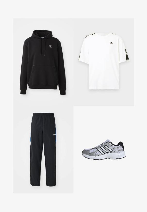 Čierna bavlnená mikina s kengurou vreckom, bielym logom Adidas, ribovanými manžetami a lemom, s kapucňou na šnúrku a prešívanými detailmi.; Biela bavlnená tričko s krátkymi rukávmi, s čiernymi trojpruhmi na pleciach a malým čiernym logom na hrudi.; Čierne športové nohavice s elastickým pásom, s modro-bielymi grafickými akcentmi po stranách a vyšitým logom.; Mriežkovaná športová obuv v bielej a striebornej farbe, s čiernymi detailmi, logom troch bielych pruhov, polstrovaným golierom a textúrovanou gumovou podrážkou.