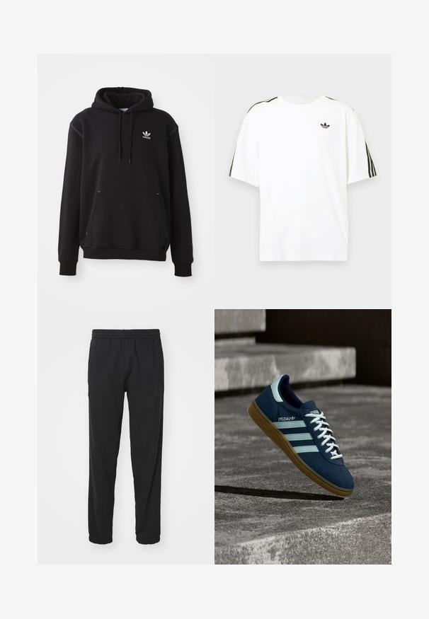 Sort bomuldshoodie med kängurulomme, hvid Adidas-logo, ribbede ærmer og kant, med snøre i hætten og syede detaljer.; Hvid bomuld t-shirt med korte ærmer, prydet med sorte tre-stribede detaljer på skuldrene og et lille sort logo på brystet.; Sorte letvægts joggerbukser med elastisk talje, tætsiddende ben, samlede manchetter og sidelommer for øget funktionalitet.; Blå Adidas Spezial sneaker med hvide striber og snørebånd, gummisål, svævende over en ru betongoverflade og trin i baggrunden.