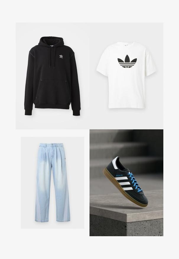 Sort bomuldshoodie med kängurulomme, hvid Adidas-logo, ribbede ærmer og kant, med snøre i hætten og syede detaljer.; Hvid bomulds t-shirt med et stort sort Adidas trefoil-logo og tre vandrette striber nedenunder. Korte ærmer, rund halsudskæring.; Lyseblå cowboybukser med hvide sidelister, plisseret front, knaplukning i taljen og lige ben.; Sort Adidas sneaker med hvide striber, blå snørebånd og gummisål, der svæver over gråt betontrin i blødt lys.