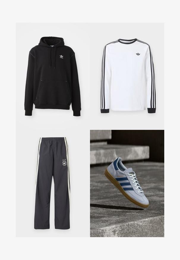 Must musta kapuutsiga, millel on känguru tasku, valge Adidas'i logo, soonilised mansetid ja alläär, ning nööridega kapuuts ja õmblustega detailid.; Valge pika varrukaga Adidas särk musta ümarkaeluse, mustade varrukaäärte ning kolme musta triibuga varrukatel ja musta kolmelehelogo rinnal.; Tumedat hallid spordipüksid valgete küljetriipudega, elastse vöökohaga ja vasaku reie peal ringikujuline logo kolme tähega. Kergekangas.; Helehall Adidas Spezial toss tumedasiniste triipude ja kummipõhjaga, kujutatud õhus betooniastmete kohal neutraalses välistingimustes.