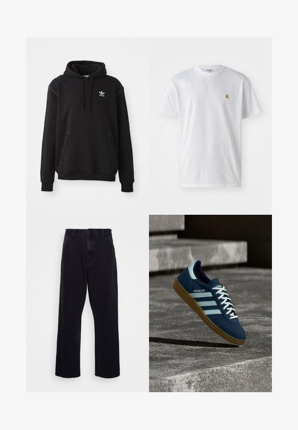 Čierna bavlnená mikina s kengurou vreckom, bielym logom Adidas, ribovanými manžetami a lemom, s kapucňou na šnúrku a prešívanými detailmi.; Biele bavlnené tričko s krátkymi rukávmi, okrúhlym výstrihom, s malým zlatým logom na ľavej strane hrude. Mäkká textúra a normálny strih.; Čierne džínsy s rovného strihu, ktoré majú zapínanie na gombík a zips, pútka na opasok a minimálne švy.; Modré tenisky Adidas Spezial s bielymi pruhmi a šnúrkami, gumovou podrážkou, plávajúce nad drsným betónovým povrchom a schodmi v pozadí.
