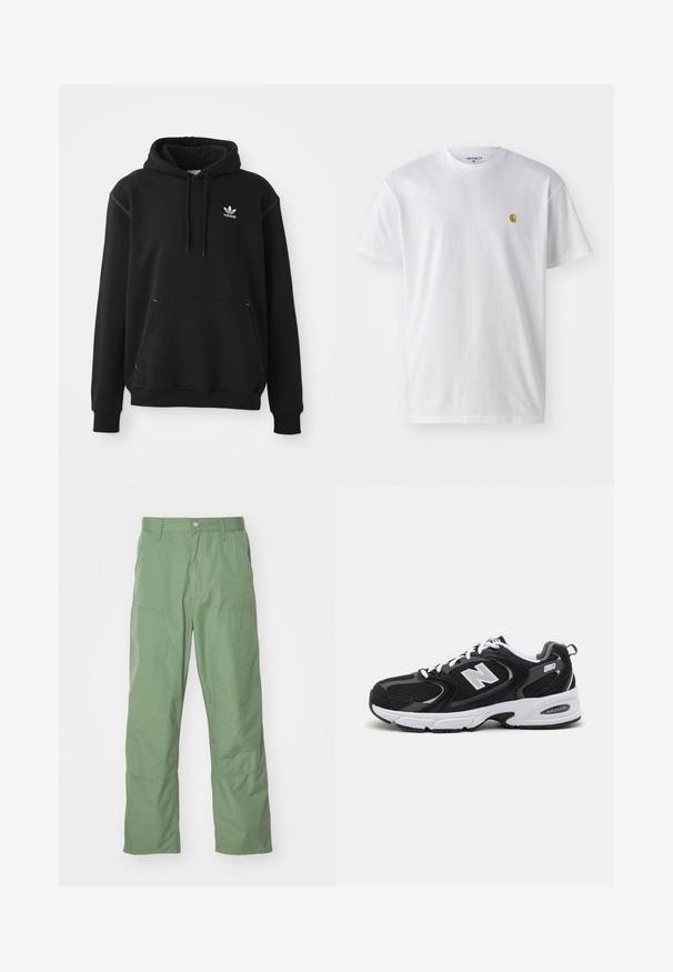 Sort bomuldshoodie med kängurulomme, hvid Adidas-logo, ribbede ærmer og kant, med snøre i hætten og syede detaljer.; Hvid bomulds t-shirt med korte ærmer, rund hals og et lille guld logo på venstre brystområde. Blød tekstur og almindelig pasform.; Lysgrønne, afslappede bukser med en glat tekstur, der har sidelommer og synlige syninger. Hel længde med et lige ben-design.; Sorte og grå sportssko med mesh og ruskind på overdelen, der har en hvid mellemsål, snørebånd og et iøjnefaldende "N" logo på siden.