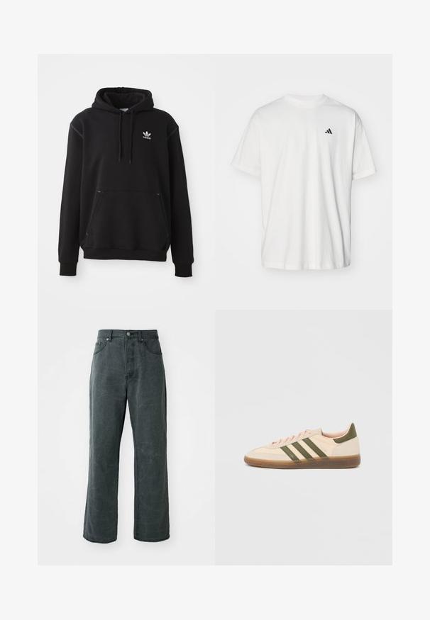 Sudadera de algodón negra con bolsillo tipo canguro, logo de Adidas en blanco, puños y dobladillo acanalados, con capucha ajustable y detalles cosidos.; Camiseta de algodón blanca con mangas cortas, cuello redondo y un pequeño logo negro de Adidas en el lado izquierdo del pecho. Textura suave, ajuste casual.; Vaqueros de patas anchas en gris oscuro, hechos de denim, con una cintura alta, diseño de cinco bolsillos y una sutil textura desgastada.; Zapatilla Adidas Spezial beige de perfil bajo con rayas verdes, suela de goma y la marca "SPEZIAL" en el lateral, vista desde el lado exterior.