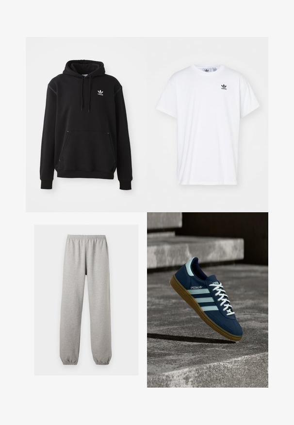 Sort bomuldshoodie med kängurulomme, hvid Adidas-logo, ribbede ærmer og kant, med snøre i hætten og syede detaljer.; Hvid bomulds T-shirt med korte ærmer, rund halsudskæring og et sort Adidas-logo med tre striber på venstre brystområde.; Lysegrå joggingbukser med elastik i taljen og ved anklerne, lige ben, lavet af blødt stof.; Blå Adidas Spezial sneaker med hvide striber og snørebånd, gummisål, svævende over en ru betongoverflade og trin i baggrunden.