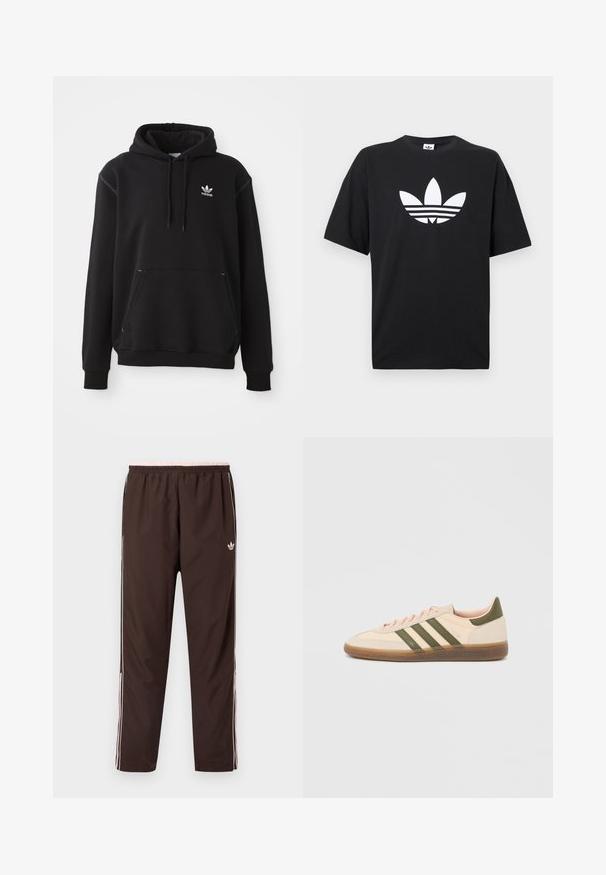 Sort bomuldshoodie med kängurulomme, hvid Adidas-logo, ribbede ærmer og kant, med snøre i hætten og syede detaljer.; Sort bomulds T-shirt med korte ærmer, der har et stort hvidt Adidas-logo og tre vandrette striber i bunden. Klassisk rund halsdesign.; Brune træningsbukser med elastisk taljebånd, med pink detaljer og hvide sidelommer. Fremstillet af glat, let stof.; Beige Adidas Spezial sneaker med lav profil, grønne striber, gummisål og "SPEZIAL"-branding på siden, vist fra ydersiden.