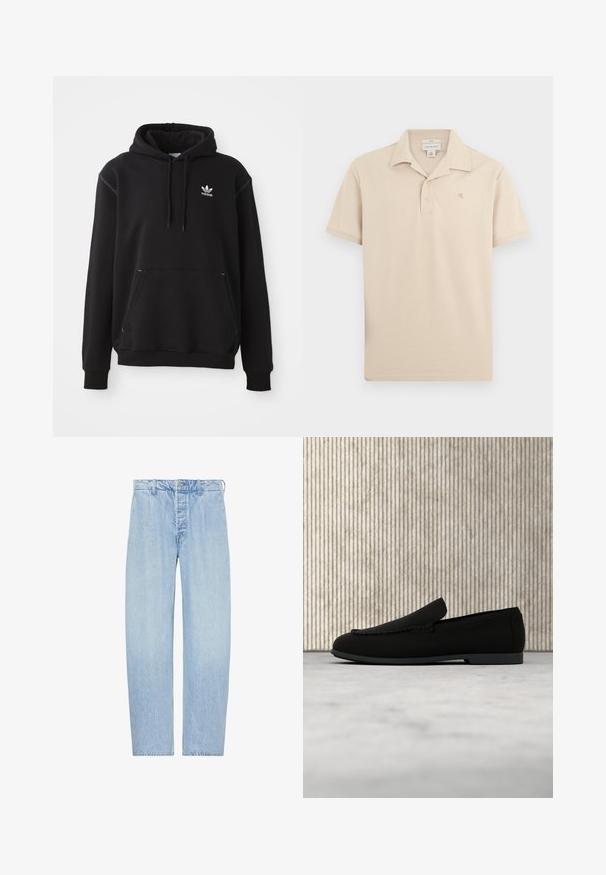 Sort bomuldshoodie med kängurulomme, hvid Adidas-logo, ribbede ærmer og kant, med snøre i hætten og syede detaljer.; Beige kortærmet polo med to-knaps åbning, krave og lille broderet "ck"-logo på venstre bryst.; Lyseblå højhalset, straight-leg jeans med knap- og lynlåslukning, bæltestropper og sidelommer, vist fladt på hvid baggrund.; Sort slip-on loafer-sko svævende over lyst tæppe med et buet, ravbrunt moderne bord i baggrunden.