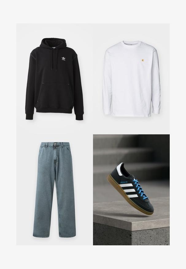 Must musta kapuutsiga, millel on känguru tasku, valge Adidas'i logo, soonilised mansetid ja alläär, ning nööridega kapuuts ja õmblustega detailid.; Valge pika varrukaga T-särk, mis on valmistatud puuvillast. Rinnal on väike kuldne logo ja ümar kaelus. Lihtne disain ja standardne lõige.; Heledad sinine denim-püksid sirge säärega, klassikalise nööbiga kinnituse ja viie tasku disainiga. Pehme tekstuur ja minimaalsed õmblusdetailid.; Must Adidas toss valgete triibu, siniste paelte ja kummist tallaga, hõljuv pehme valgusega halli betoonastme kohal.