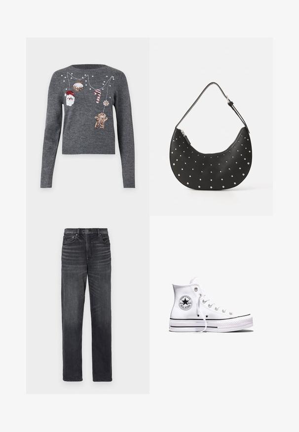 JDY JDYTWINKLE XMAS O NECK PULLOVER - Pullover - medium grey melange; Jean en denim noir avec une coupe droite, dotés de poches avant, d'une fermeture à bouton et d'un léger délavage.; Baskets blanches montantes Converse Chuck Taylor All Star avec des rayures noires et un patch logo sur le côté, présentées sur un fond blanc uni.; Sac à main en cuir noir avec une forme arrondie, orné de clous en argent, doté d'une fermeture éclair et d'une seule sangle ajustable.