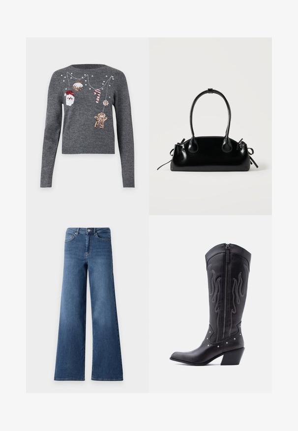 JDY JDYTWINKLE XMAS O NECK PULLOVER - Pullover - medium grey melange; Jeans en denim bleu à jambes larges avec une taille standard, des poches avant et une texture lisse. Pas de motifs ou d'ornements visibles.; Bottes de cow-boy en cuir noir avec bout pointu, coutures apparentes, ornements à clous argentés et fermeture éclair sur le côté intérieur.; Petit sac à main noir brillant avec deux longues anses et des détails à cordon sur les côtés sur un fond clair uni.