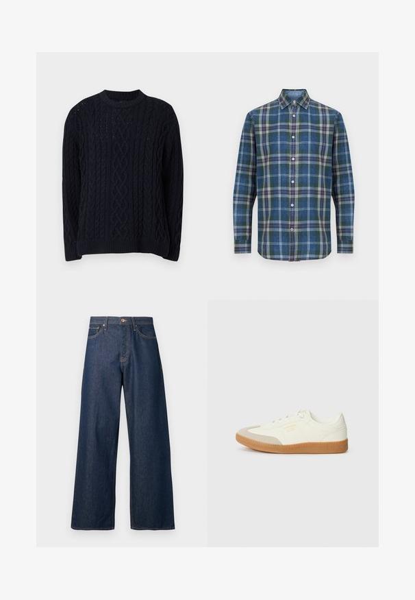 Pull en maille torsadée bleu marine avec des manches longues et un col rond côtelé, ainsi que des ourlets et des poignets côtelés, affichant des motifs en tricot détaillés.; Chemise pour homme à manches longues, boutonnée, avec motif à carreaux verts, bleus, gris et orange, et col pointu.; Jean à jambes larges en denim foncé avec surpiqûres orange, doté de cinq poches, d'une fermeture à boutons sur le devant et d'une silhouette droite.; Baskets en cuir blanc avec une coque beige et une semelle en caoutchouc marron clair. Dotées de lacets blancs plats et d'un logo embossé sur le côté.