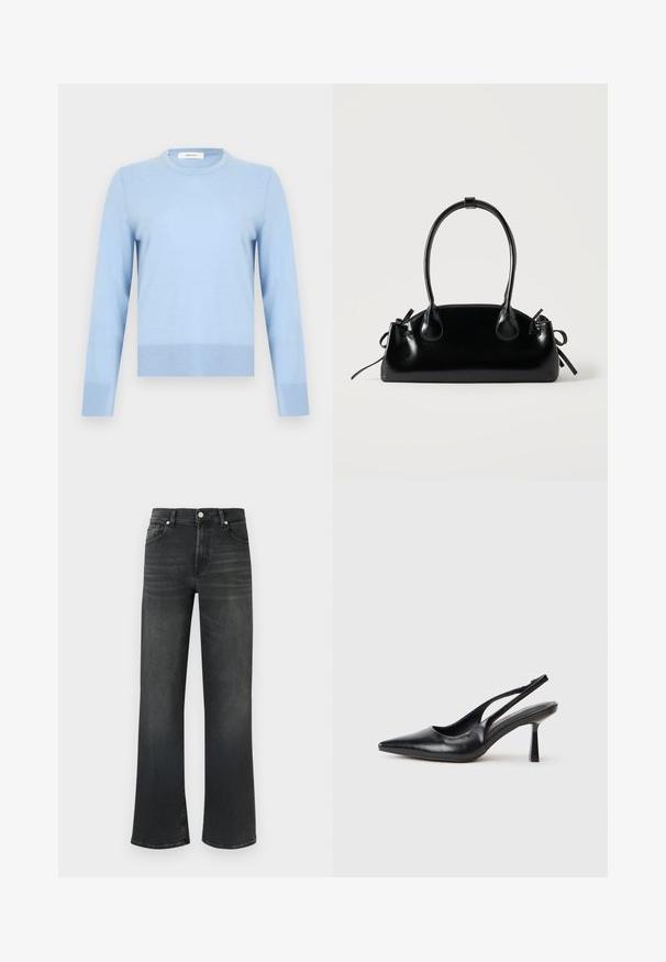 Pull à manches longues bleu clair avec col rond, poignets et bas côtelés, présenté sur un fond blanc uni.; Jean en denim noir avec une taille haute et une coupe large. Il comprend cinq poches et une fermeture par bouton, avec un léger délavage du tissu.; Chaussure à talon haut en cuir noir, à bride arrière, avec un bout pointu et un talon fin sur fond blanc.; Petit sac à main noir brillant avec deux longues anses et des détails à cordon sur les côtés sur un fond clair uni.