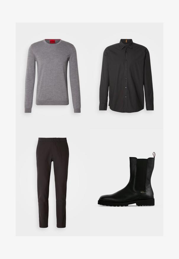 HUGO SAN CEDRIC - Pullover - medium grey; Chemise noire à manches longues en tissu léger. Elle dispose d'un col boutonné, de boutons à l'avant et d'un logo brodé sur la poitrine.; Pantalons noirs en tissu lisse, à coupe droite, avec une taille standard dotée d'une fermeture à bouton, sans poches ni motifs visibles.; Bottine en cuir noir avec un panneau latéral élastique, une semelle épaisse et une languette à l’arrière, featuring un petit logo doré "Hugo" près du talon.
