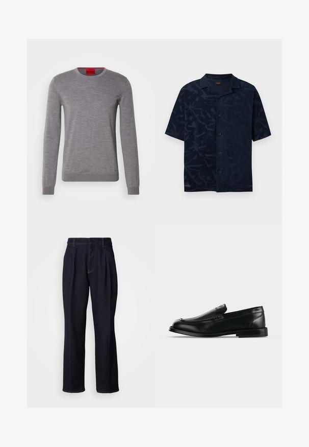 HUGO SAN CEDRIC - Neule - medium grey; Laivastonsininen, lyhythihainen napillinen paita, jossa on hienovarainen sävy sävyyn lehväkuvio ja camp-kaulus, asetettuna tasaiseksi vaalealle taustalle.; Tummansiniset leveät farkut etupitseillä ja oranssilla ompelulla, esitetty valkoista taustaa vasten.; Mustasta nahasta valmistettu loafer-malli, jossa matala korko, pyöreä kärki ja ommellut yksityiskohdat yläreunassa.