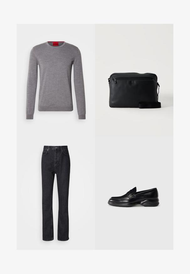 HUGO SAN CEDRIC - Striktrøje - medium grey; Høj talje sorte denim jeans med knap- og lynlåsåbning, for- og baglommer samt lige ben.; Sorte læder loafers med en lav, tekstureret gummisål og et syet design på overdelen. Har en rund tå og minimale udsmykninger.; Sort rektangulær crossbody taske med en lynlåslomme foran og en justerbar skulderrem, mærket med BOSS-logo.