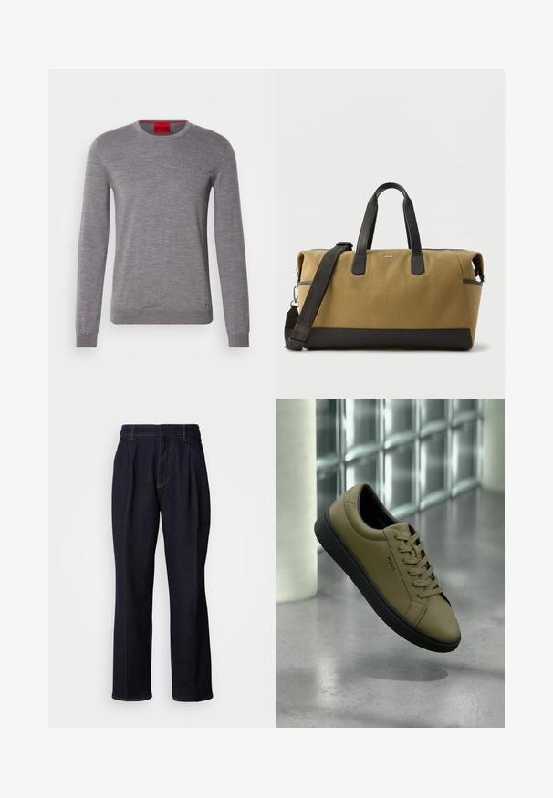 HUGO SAN CEDRIC - Striktrøje - medium grey; Mørkeblå vidde denim jeans med frontfældninger og orange syninger, vist på hvid baggrund.; Olivengrøn lavsko med sort sål og snørebånd, "HUGO" mærke på siden, svævende over poleret betongulv nær glasvæg.; Stor duffeltaske i brun- og sort farve med bærehåndtag i sort læder og aftagelig skulderrem, rektangulær form, BOSS-logo på fronten.