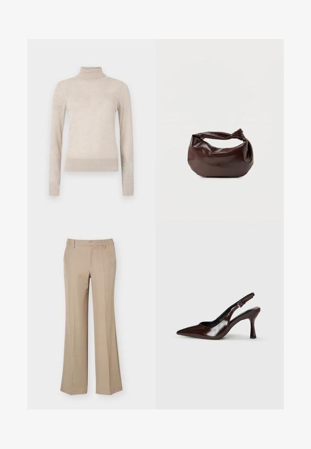 Beige turtleneck sweater lavet af blødt strikstof. Har lange ærmer og ribbede manchetter og kant for en tætsiddende pasform. Et essentielt garderobeelement.; Beige damebukser med bæltestropper, frontfold og lige brede ben på en ens hvid baggrund.; Brune patenterede læderslingback-sandaletter med spids tå, en tynd hæl og justerbar rem med en lille spænde.; Mørkebrun læder skuldertaske med en blød, afslappet form og et snoet knudehåndtag på en ensartet hvid baggrund.