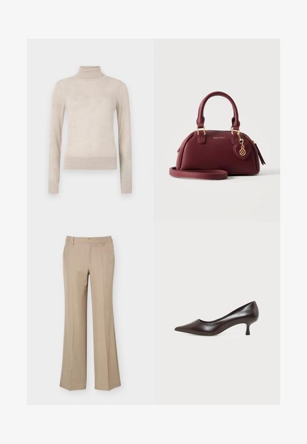 Pull à col roulé beige en tissu tricoté doux. Il possède des manches longues ainsi que des poignets et un ourlet côtelés pour un ajustement confortable. Un incontournable de la garde-robe.; Pantalon beige pour femme avec passants de ceinture, pli devant et coupe droite à jambes larges sur fond blanc uni.; Escarpin en cuir marron foncé à bout pointu avec petit talon incurvé sur fond blanc.; Sac à main en cuir bordeaux avec doubles poignées, fermeture éclair dorée, bandoulière amovible, breloque en forme de cœur et logo « ANNA FIELD » à l'avant.