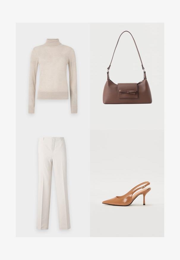 Pull à col roulé beige en tissu tricoté doux. Il possède des manches longues ainsi que des poignets et un ourlet côtelés pour un ajustement confortable. Un incontournable de la garde-robe.; Pantalons beige sur mesure avec une coupe droite, présentant une texture lisse, deux poches avant et sans détails matériels visibles.; Escarpin à talon slingback à bout pointu en matériau beige lisse et brillant. Présente un design de découpes courbées et un talon aiguille fin. Détail de boucle en argent.; Sac à bandoulière en cuir marron avec une poche à rabat avant ornée d'un détail en forme de nœud cousu et une sangle réglable.
