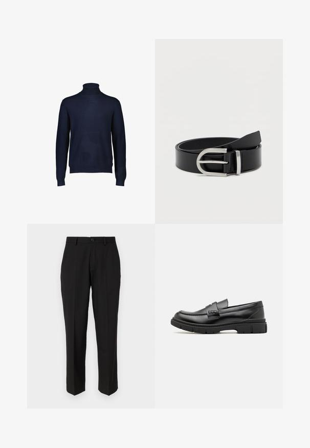 Mørkeblå turtleneck sweater lavet af et blødt strikstof. Har lange ærmer samt en ribbet krave og kant. Ingen mønstre eller accenter synlige.; Sorte bukser lavet af glat stof, med lige ben design, forlommer, en enkelt knaplukning, og uden synlige mønstre.; Sort læder loafersko med en bred rem over forfoden, gummisål med tykke mønstre og glat overflade. Klassisk, slankt design.; Sort læderbælte med en glat overflade, der har en sølvmetalklausul og en klassisk rektangulær form.