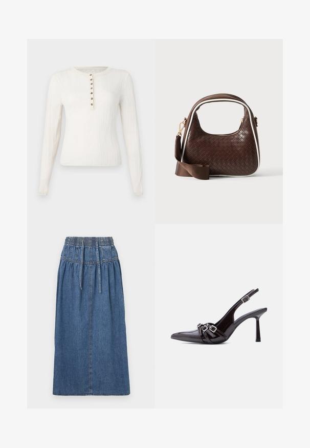 Langærmet cremefarvet sweater med ribbet tekstur, der har en rund hals og syv dekorative knapper foran.; Denim midi-nederdel med elastisk talje, snørejustering og lige silhuet. Blå farve med subtil tekstur og syningsdetaljer.; Sort slingback højhælet sko i laklæder med spids tå og tre dekorative spænder over vristen.; Brun vævet læderhåndtaske med hvid piping, guldfarvet lynlås og aftagelig brun stofskulderrem.