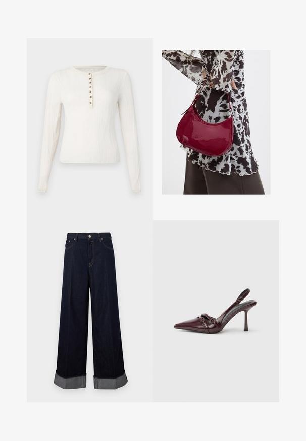 Pull créme à manches longues avec texture côtelée, doté d'un col rond et de sept boutons décoratifs sur le devant.; Pantalon en denim foncé à jambes larges et taille haute, avec une fermeture par bouton et zip, des coutures contrastantes et des revers avec des accents gris.; Escarpin slingback en cuir verni bordeaux avec bout pointu, fine bride à la cheville et petit détail décoratif de boucle. Texture lisse et talon haut.; Femme portant un chemisier à motif noir et blanc tenant un sac à main rouge brillant sur un fond uni.