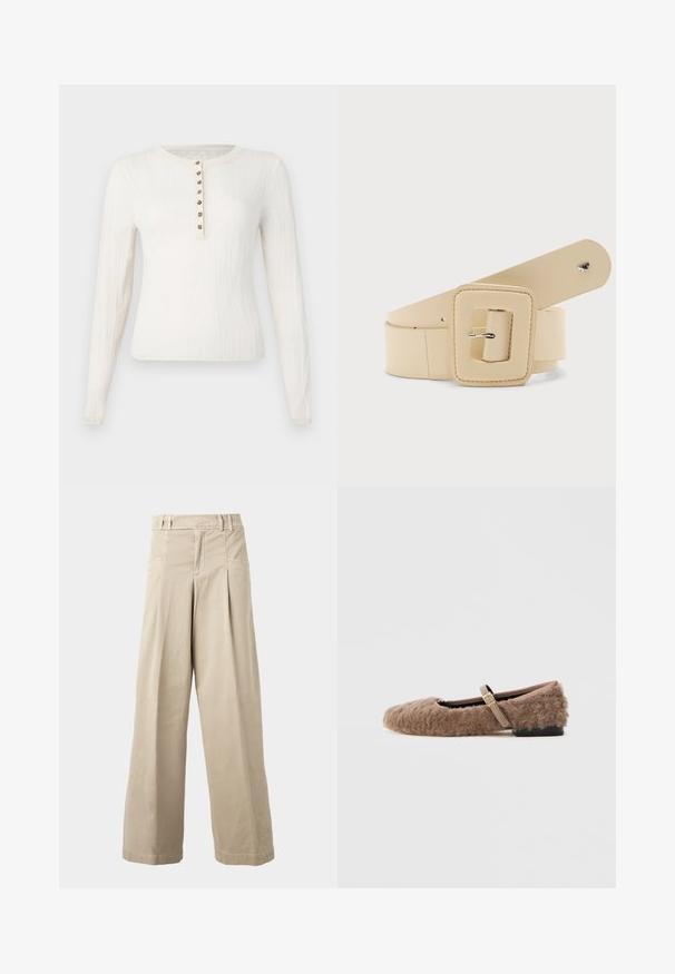 Langærmet cremefarvet sweater med ribbet tekstur, der har en rund hals og syv dekorative knapper foran.; Beige bukser med høj talje og brede ben med bæltestropper, forreste læg og sidelommer, vist på en ensartet lys baggrund.; Brun, fuzzy flad sko med en Mary Jane rem og detalje med guldspænde. Blød tekstur, firkantet tå og lav blokhælfod. Glat indvendig foring.; Kremfarvet bredt bælte med stor firkantet spænde og en lille sølv bi-detalje nær enden.