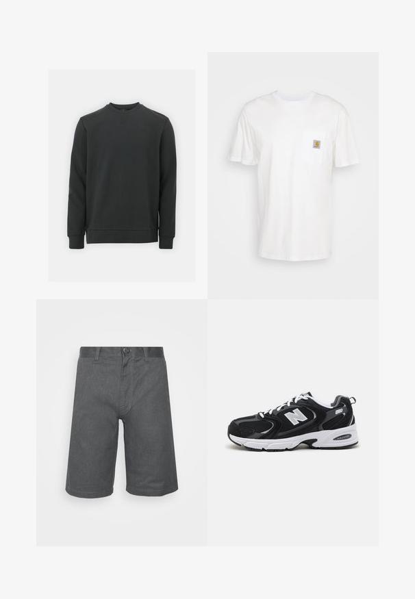 Zwarte sweatshirt gemaakt van een katoenmix, met een ronde hals, lange mouwen en een subtiel logo op de borst. Soepele textuur.; Witte katoenen t-shirt met korte mouwen, een borstzak en een klein vierkant logo-opdruk in oranje en wit op de zak.; Grijze denim shorts met een rechte snit, vier zakken, sluiting met een knop aan de voorkant en subtiele stikdetails langs de naden.; Zwarte en grijze sport schoenen met een bovenwerk van mesh en suede, voorzien van een witte tussenzool, veters en een gedurfde "N"-logo aan de zijkant.