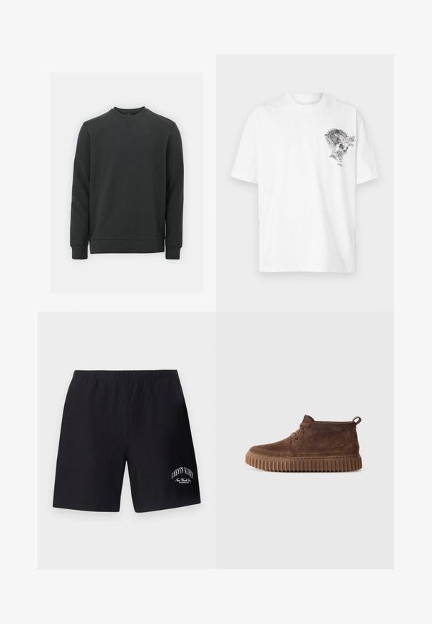 Zwarte sweatshirt gemaakt van een katoenmix, met een ronde hals, lange mouwen en een subtiel logo op de borst. Soepele textuur.; Witte t-shirt van katoen met een ronde hals. Voorzien van een zwart en grijs grafisch ontwerp van een schedel met een adelaar en bladerenaccenten aan de voorzijde.; Zwarte shorts met elastische taille en wit "Calvin Klein New York City"-logo op het onderste rechterbeen.; Bruine suède enkellaarsjes met een gestructureerde, geribbelde rubberen zool en een lus aan de achterkant. Vetersluiting met minimale stikseldetails.