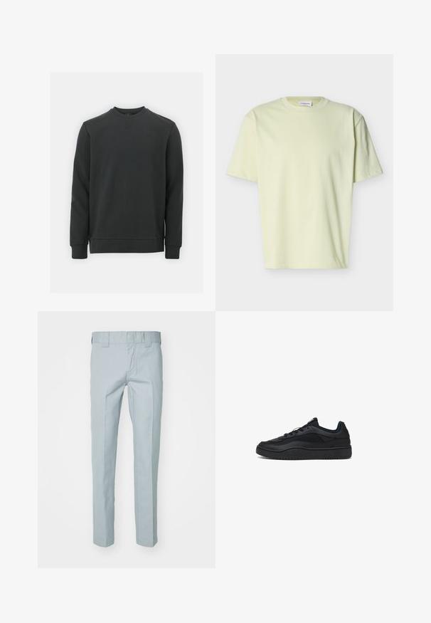 Zwarte sweatshirt gemaakt van een katoenmix, met een ronde hals, lange mouwen en een subtiel logo op de borst. Soepele textuur.; Korte mouwen, lichtgele T-shirt met ronde hals, een losse pasvorm en een zichtbaar merklabel aan de binnenkant van de achterhals.; Lichtblauwe, recht gesneden broek van geweven stof. Heeft een platte voorkant en riemlussen. Geen zichtbare patronen of accenten.; Zwarte sneaker van soepel leer en textiel, met een dikke zool, ronde neus en contrasterende textuuraccenten.