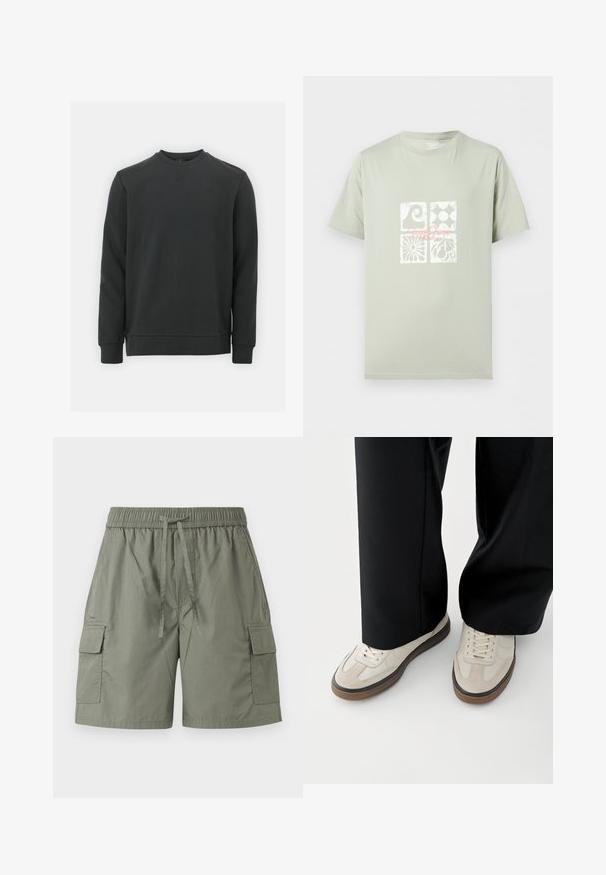 Sort sweatshirt lavet af en blanding af bomuldsstoffer, har rund halsudskæring, lange ærmer og et subtilt logo på brystet. Glat tekstur.; Lysegrøn T-shirt med korte ærmer med fire hvide grafiske firkanter og pink kursiv tekst centreret på brystet.; Olivengrønne herrecargoshorts med elastisk taljebånd, snøre, sidelommer med klap og en afslappet pasform.; Fødder iført beige sneakers med brune såler og sorte bukser med vide ben på hvid baggrund.