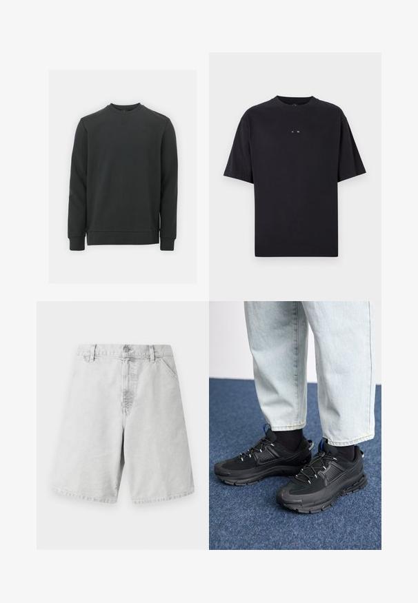 Schwarzer Sweatshirt aus Baumwollmischung, mit Rundhalsausschnitt, langen Ärmeln und einem dezenten Logo auf der Brust. Glatte Textur.; Oakley RISE TEE - T-Shirt basic - blackout; Helle graue Baumwoll-Shorts mit klassischem Schnitt, ausgestattet mit einem Reißverschluss, Gürtelschlaufen und seitlichen Taschen. Glatte Textur mit schlichtem Design.; Schwarze Sportschuhe aus strukturiertem Stoff mit Gummisohlen, ausgestattet mit elastischen Schnürsenkeln und einem blauen Akzent an der Ferse. Getragen mit hellen Jeans.