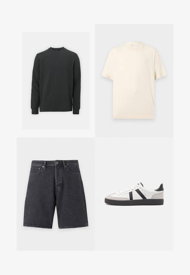 Sort sweatshirt lavet af en blanding af bomuldsstoffer, har rund halsudskæring, lange ærmer og et subtilt logo på brystet. Glat tekstur.; Enkelt beige t-shirt med korte ærmer og rund hals, vist fladt på en lys grå baggrund.; Mørkegrå denimshorts med lige snit. Funktioner inkluderer to frontlommer, en baglomme og en metalknaplukning.; Hvide sneakers med sorte og grå detaljer, med en tekstureret grå tåhætte, sort gummisål og flade hvide snørebånd. Rent design, minimalistisk stil.