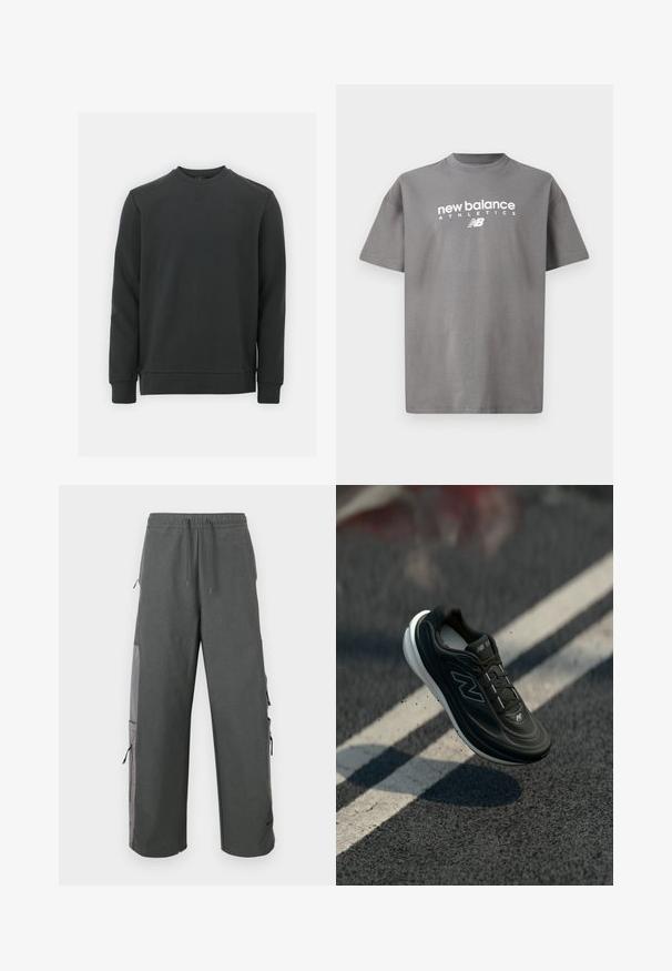 Zwarte sweatshirt gemaakt van een katoenmix, met een ronde hals, lange mouwen en een subtiel logo op de borst. Soepele textuur.; Grijs katoenen t-shirt met een ronde hals, korte mouwen en een witte "new balance ATHLETICS"-logo gedrukt op de voorkant.; Donkere grijze cargobroek met een elastische tailleband, trekkoord, zijzakken en mesh-details, met een losse, ontspannen pasvorm.; Zwarte sportschoen met een gestructureerd oppervlak en witte zool, voorzien van een vetersluiting en logodetails, zwevend boven een wegdek.