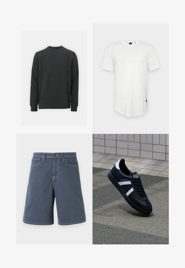 Zwarte sweatshirt gemaakt van een katoenmix, met een ronde hals, lange mouwen en een subtiel logo op de borst. Soepele textuur.; Witte t-shirt met korte mouwen, gemaakt van katoen, met een ronde halslijn en een iets verlengde achterkant, voorzien van een klein logo-accent aan de zijkant.; Donkerblauwe katoenen shorts met witte stiksels, vijf zakken en een knoopsluiting in de taille. Rechte pijpen, minimale details.; Zwarte leren sneaker met witte strepen, een gestructureerde rubberen zool en vetersluiting aan de voorkant. Voorzien van een merklabel op de tong.