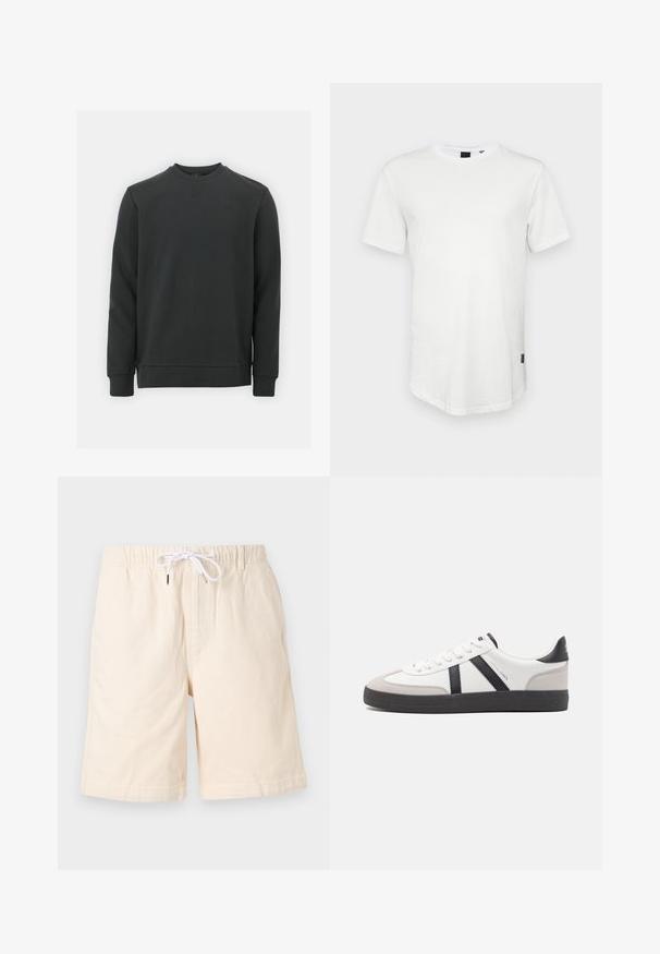 Zwarte sweatshirt gemaakt van een katoenmix, met een ronde hals, lange mouwen en een subtiel logo op de borst. Soepele textuur.; Witte t-shirt met korte mouwen, gemaakt van katoen, met een ronde halslijn en een iets verlengde achterkant, voorzien van een klein logo-accent aan de zijkant.; Beige katoenen short met een ontspannen pasvorm, elastische tailleband en witte trekkoorden. Heeft zijzakken en een soepele textuur.; Witte sneaker met zwarte en grijze accenten, voorzien van een grijze neus met textuur, zwarte rubberen zool en platte witte veters. Schoon ontwerp, minimalistische stijl.