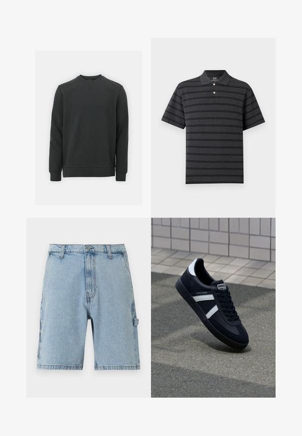 Zwarte sweatshirt gemaakt van een katoenmix, met een ronde hals, lange mouwen en een subtiel logo op de borst. Soepele textuur.; Donkergrijs poloshirt met korte mouwen en zwarte horizontale strepen, twee witte knopen bij de kraag en een klassiek kraagontwerp.; Lichtblauwe denim shorts met knopen aan de voorkant, riemlussen, zijzakken en een klein lusdetail aan het rechterbeen.; Zwarte leren sneaker met witte strepen, een gestructureerde rubberen zool en vetersluiting aan de voorkant. Voorzien van een merklabel op de tong.