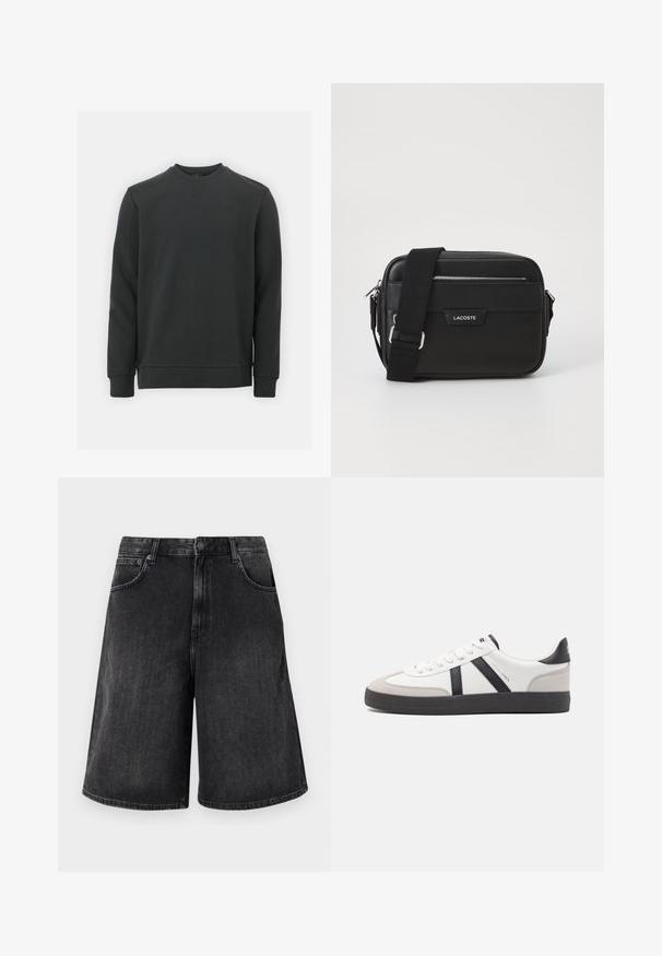 Schwarzer Sweatshirt aus Baumwollmischung, mit Rundhalsausschnitt, langen Ärmeln und einem dezenten Logo auf der Brust. Glatte Textur.; Schwarze Jeans-Shorts mit einem weit geschnittenen, geraden Schnitt, mit einem Frontknopfverschluss und fünf Taschen. Weiche Textur mit einem verwehten Finish.; Weiße Sneaker mit schwarz- und grau-aczenten, ausgestattet mit einer strukturierten grauen Zehenkappe, schwarzer Gummi-Sohle und flachen weißen Schnürsenkeln. Sauberes Design, minimalistische Stil.; Schwarze Umhängetasche aus strukturiertem synthetischem Material, mit silbernem Beschlag, verstellbarem Gurt, ausgestattet mit einem Logo-Schild auf der Vorderseite und einem Reißverschluss.