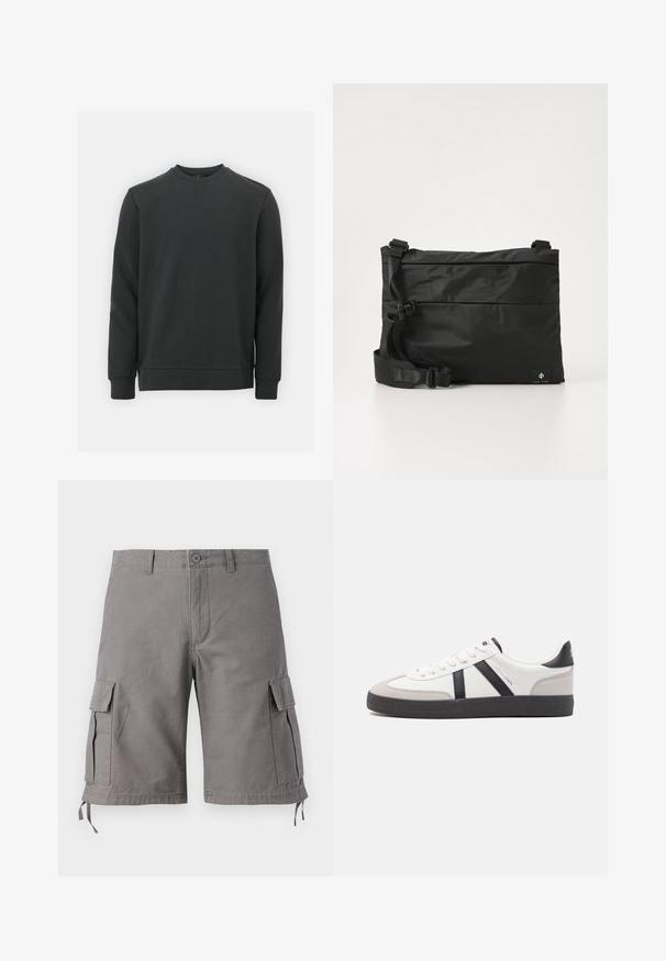 Sort sweatshirt lavet af en blanding af bomuldsstoffer, har rund halsudskæring, lange ærmer og et subtilt logo på brystet. Glat tekstur.; Grå cargo shorts lavet af en bomuldsblanding. Har sidelommer, justerbare snore i kanten og en knaplukning.; Hvide sneakers med sorte og grå detaljer, med en tekstureret grå tåhætte, sort gummisål og flade hvide snørebånd. Rent design, minimalistisk stil.; Sort nylon messenger-taske med justerbar rem, fladt design og et sideetiket med et logo. Glat tekstur og minimalistisk stil.