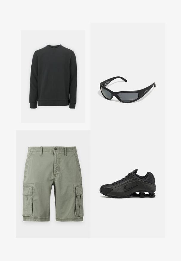 Sort sweatshirt lavet af en blanding af bomuldsstoffer, har rund halsudskæring, lange ærmer og et subtilt logo på brystet. Glat tekstur.; Grønne cargo shorts lavet af bomuldsblanding, der har to sidelommer, knaplukning og lige snit.; Sorte løbesko med en glat syntetisk overdel, perforerede detaljer, teksturerede sidedele og en distinkt fjedrende sål.; Sorte solbriller med en buet ramme og mørke linser. Har en mat overflade og mærkenavnet "ARNETTE" på siden.