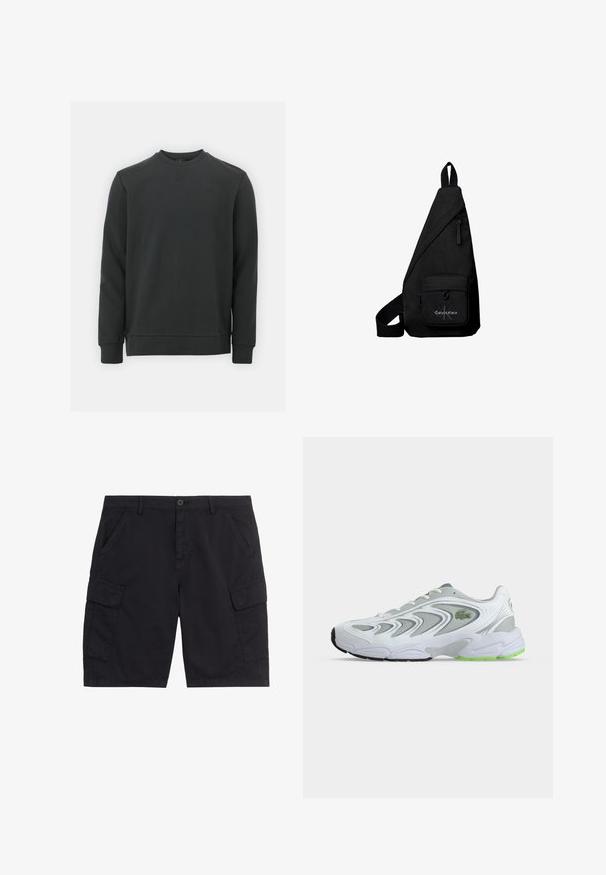 Sort sweatshirt lavet af en blanding af bomuldsstoffer, har rund halsudskæring, lange ærmer og et subtilt logo på brystet. Glat tekstur.; Sorte cargoshorts med frontknap og lynlås, to sidelommer, to klaplommer og bæltestropper.; Hvid og grå atletiksneaker med grønne accenter og logo, meshpaneler og en tyk polstret sål, vist fra siden på en ensfarvet baggrund.; Sort trekantet crossbodytaske med frontlomme med lynlås med Calvin Klein-logo og justerbar rem.