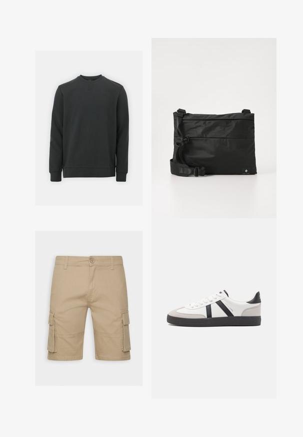 Zwarte sweatshirt gemaakt van een katoenmix, met een ronde hals, lange mouwen en een subtiel logo op de borst. Soepele textuur.; Beige heren cargo shorts met knoopsluiting, riemlussen en klepzakken aan beide zijden.; Witte sneaker met zwarte en grijze accenten, voorzien van een grijze neus met textuur, zwarte rubberen zool en platte witte veters. Schoon ontwerp, minimalistische stijl.; Zwarte nylon boodschappentas met verstelbare riem, plat ontwerp en een zijlabel met een logo. Soepele textuur en minimalistische stijl.