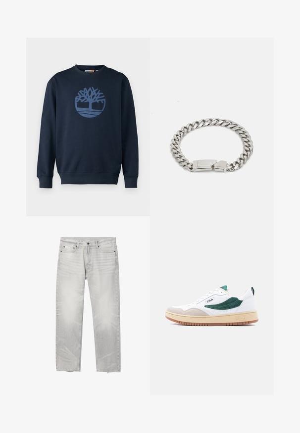 Timberland TREE LOGO CREW NECK - Sweatshirt - dark sapphire; Lysegrå jeans med lige ben, fem lommer, knap- og lynlåslukning samt Calvin Klein-logo på den lille forlommel.; Hvid sneaker med lavt snit med grønt suededetalje, beigefarvet tå, cremesål og FILA-logo på siden og sålen, vist i højre profil.; Calvin Klein ELECTRIC - Armbånd - silver-coloured