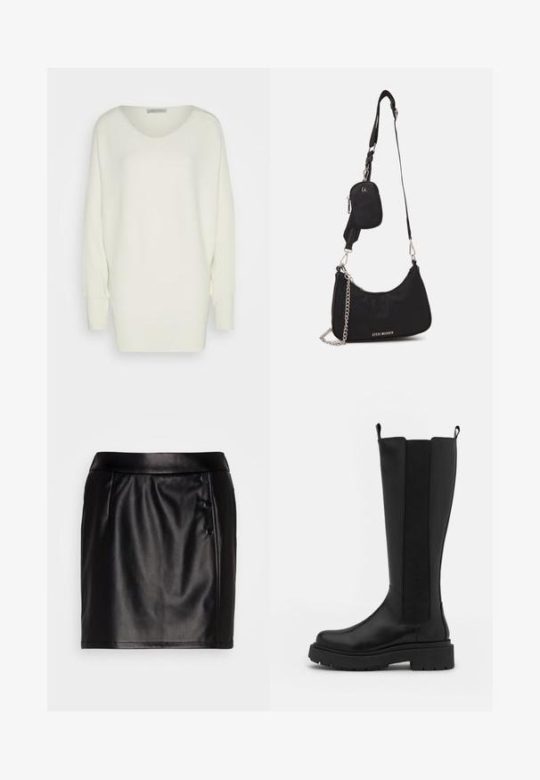 Prešívaný biely sveter s oversize strihom, má široký výstrih, spustené ramenné švy a dlhé rukávy so upevnenými manžetami.; VILA VITALLA BUTTON SKIRT - Minisukňa - black/silver; Čierne vysoké čižmy s hladkým koženým povrchom, elastické bočné panely, zaoblená špička a hrubá čierna gumová podrážka.; Čierna nylonová taška cez rameno so zakriveným tvarom, strieborným reťazovým akcentom, odnímateľnou mini taškou a nastaviteľným popruhom; má logo "Steve Madden".